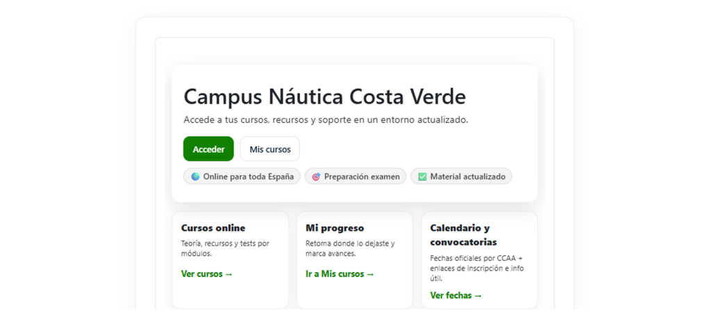 Campus online de Náutica Costa Verde para acceder a cursos, progreso y calendario